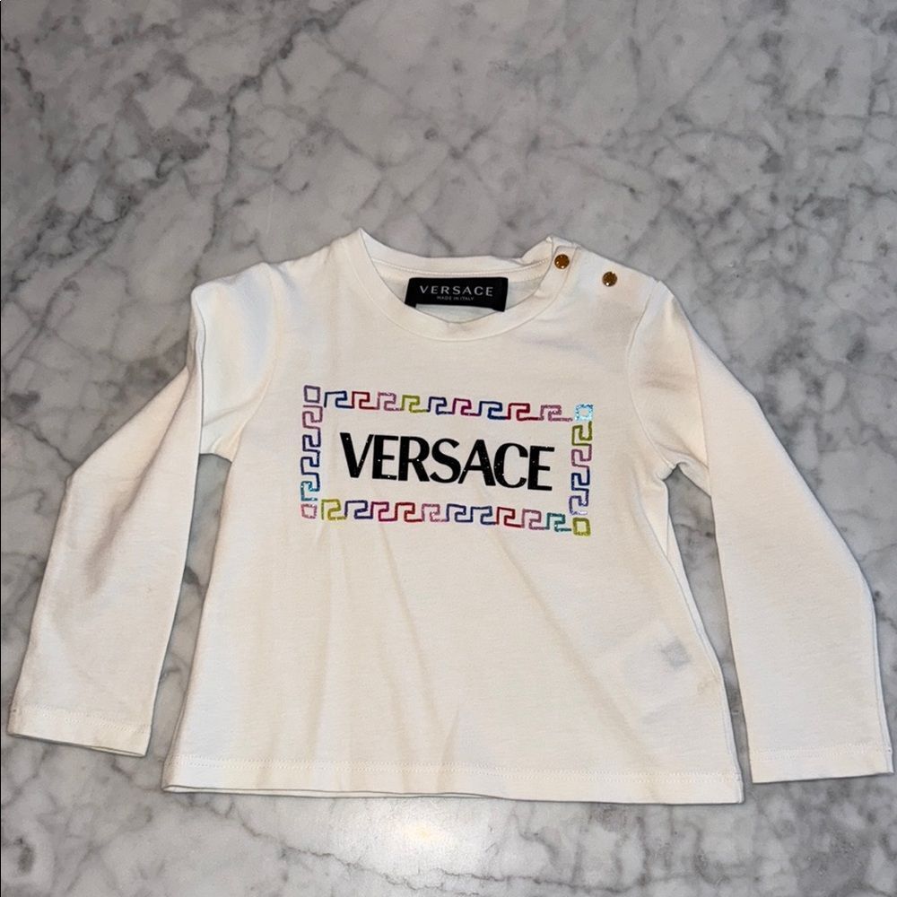 Versace Kids White Long Sleeve Shirt with glitter logo 12/18M